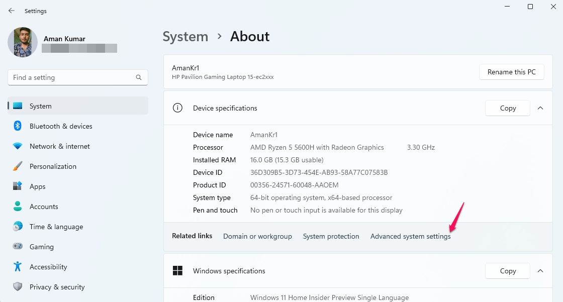 گزینه تنظیمات پیشرفته سیستم در برنامه تنظیمات ویندوز