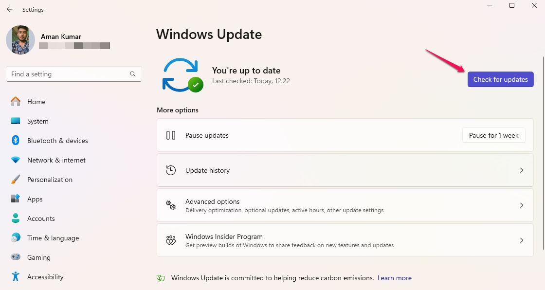 گزینه updates را در تنظیمات ویندوز بررسی کنید