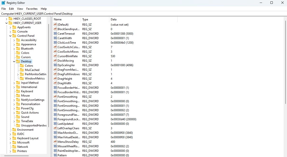 کلید دسکتاپ در ویرایشگر رجیستری