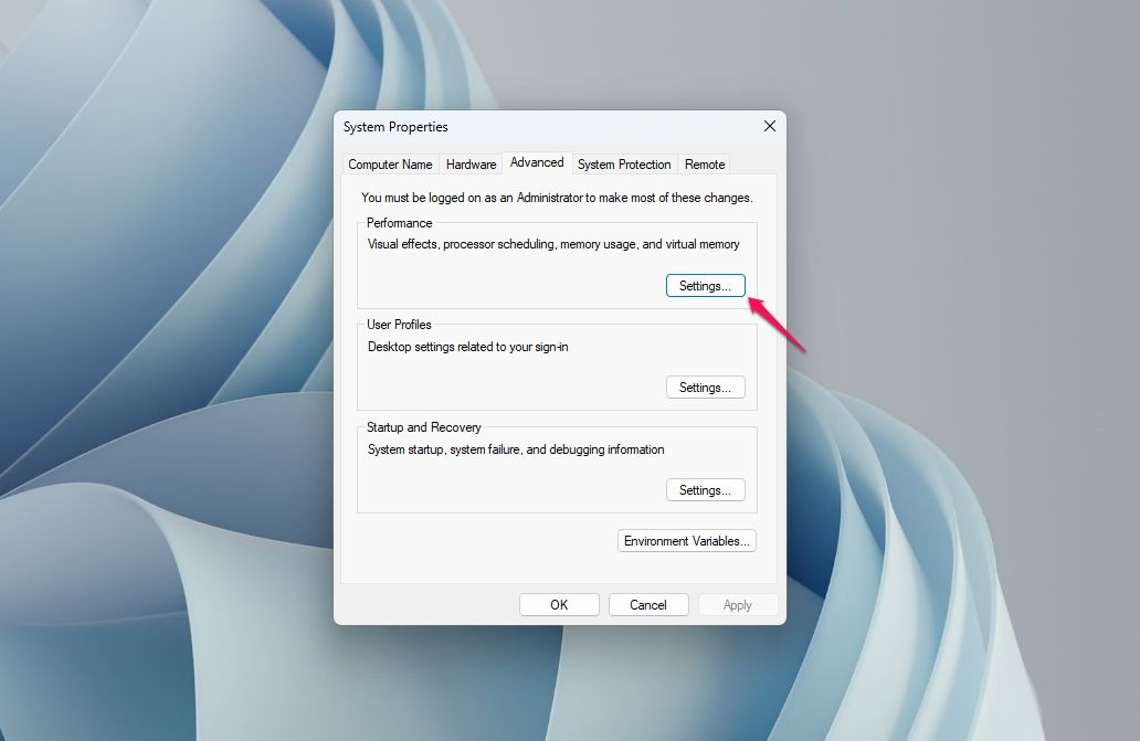 گزینه تنظیمات در پنجره System Properties