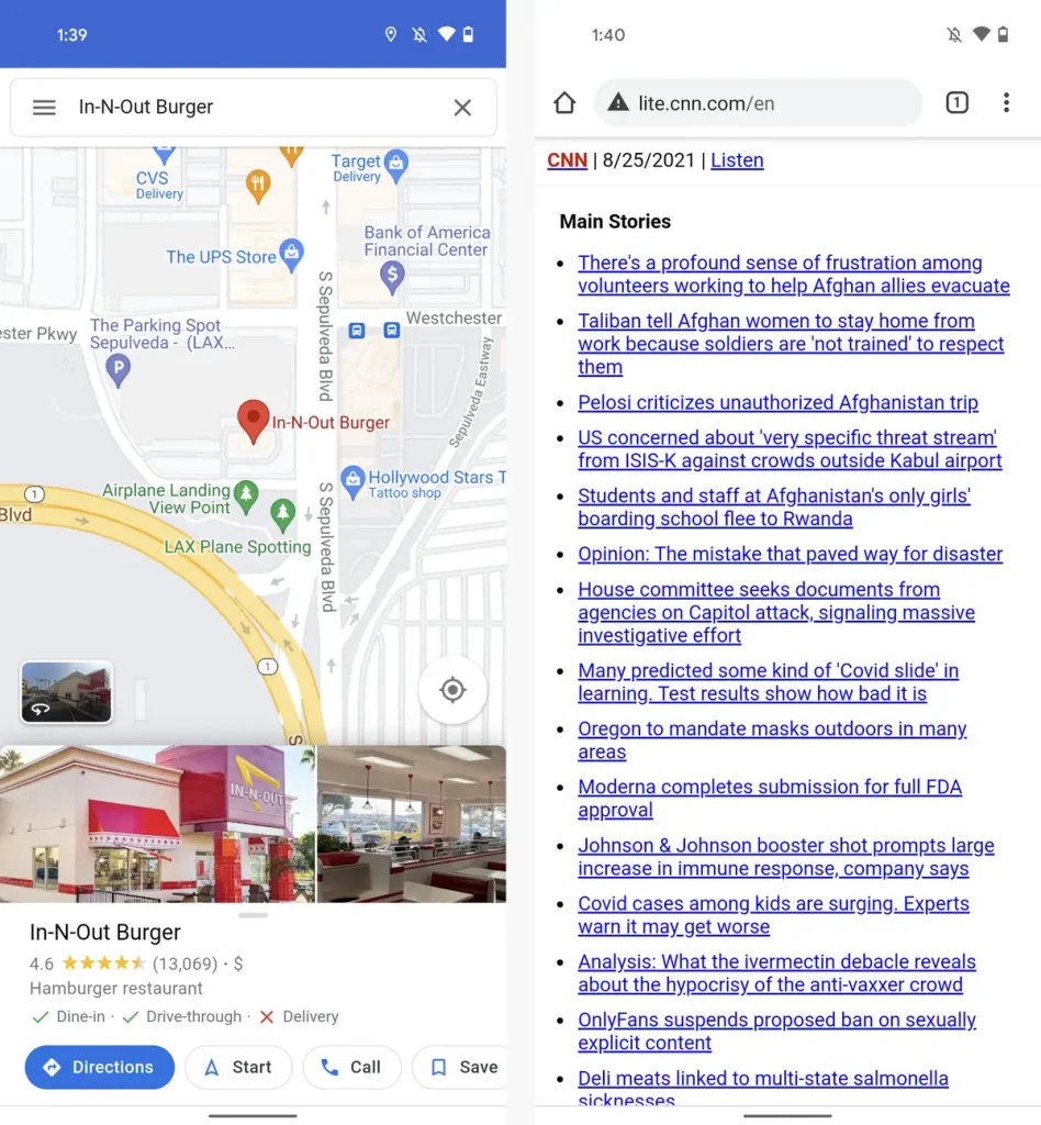 Google Maps Go (سمت چپ) همه اصول اولیه نقشه ها را به شکلی سبک تر در اختیار شما قرار می دهد، در حالی که وب سایت متنی CNN (سمت راست) برای استفاده از حداقل داده طراحی شده است.