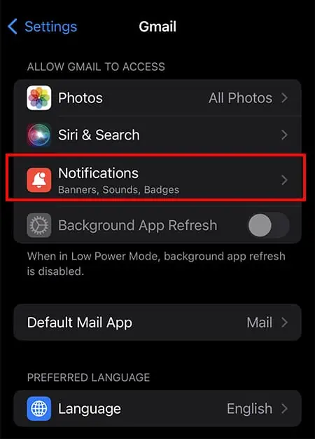 نوتیفیکیشن‌های جیمیل (Gmail) روی آیفون کار نمی‌کنند؟ به اعلان‌ها (Notifications) دسترسی بدهید.