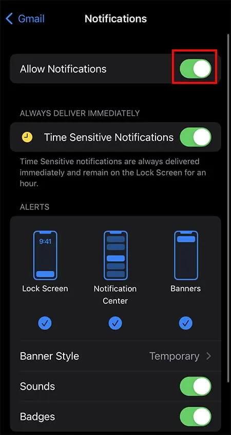 نوتیفیکیشن‌های جیمیل (Gmail) روی آیفون کار نمی‌کنند؟ به اعلان‌ها (Notifications) دسترسی بدهید.