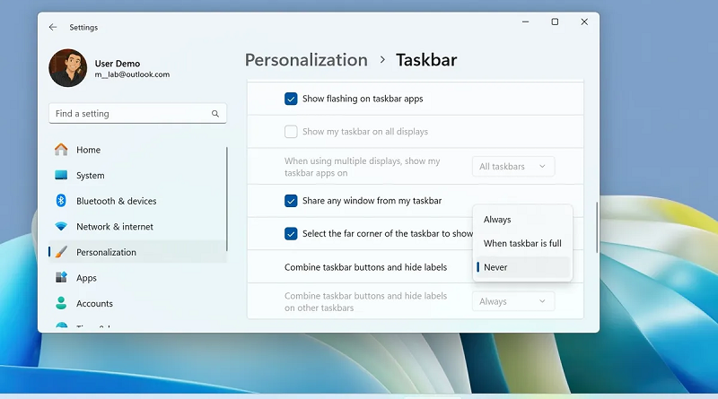نمایش نام برنامه‌ها در نوار وظیفه (Taskbar) ویندوز 11