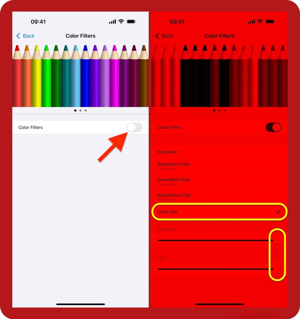 فعال‌سازی فیلتر قرمز (Color Tint) در iOS و iPadOS